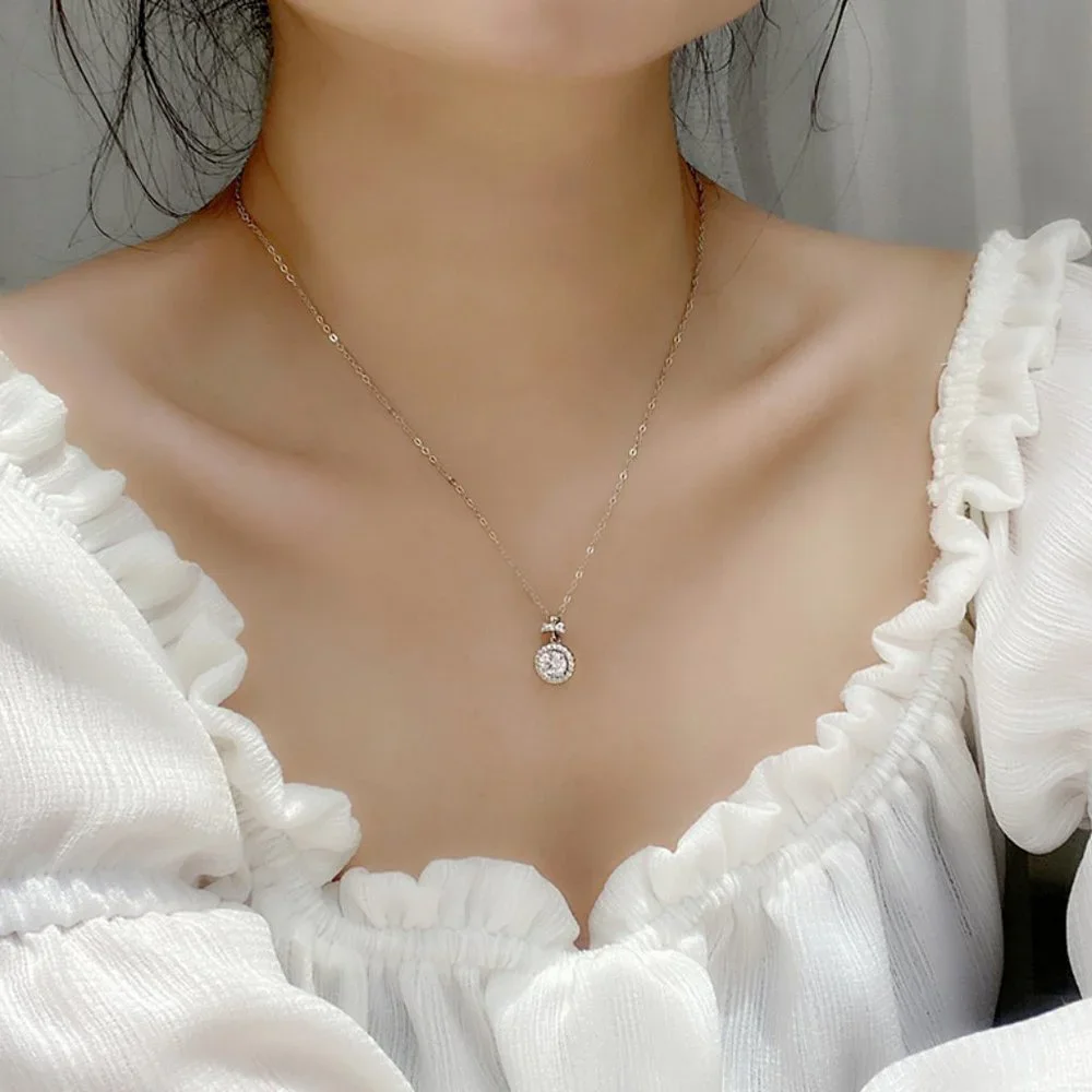 Certified 1ct. t.w. Moissanite Diamond Round Halo Bow Knot Pendant Necklace NEW